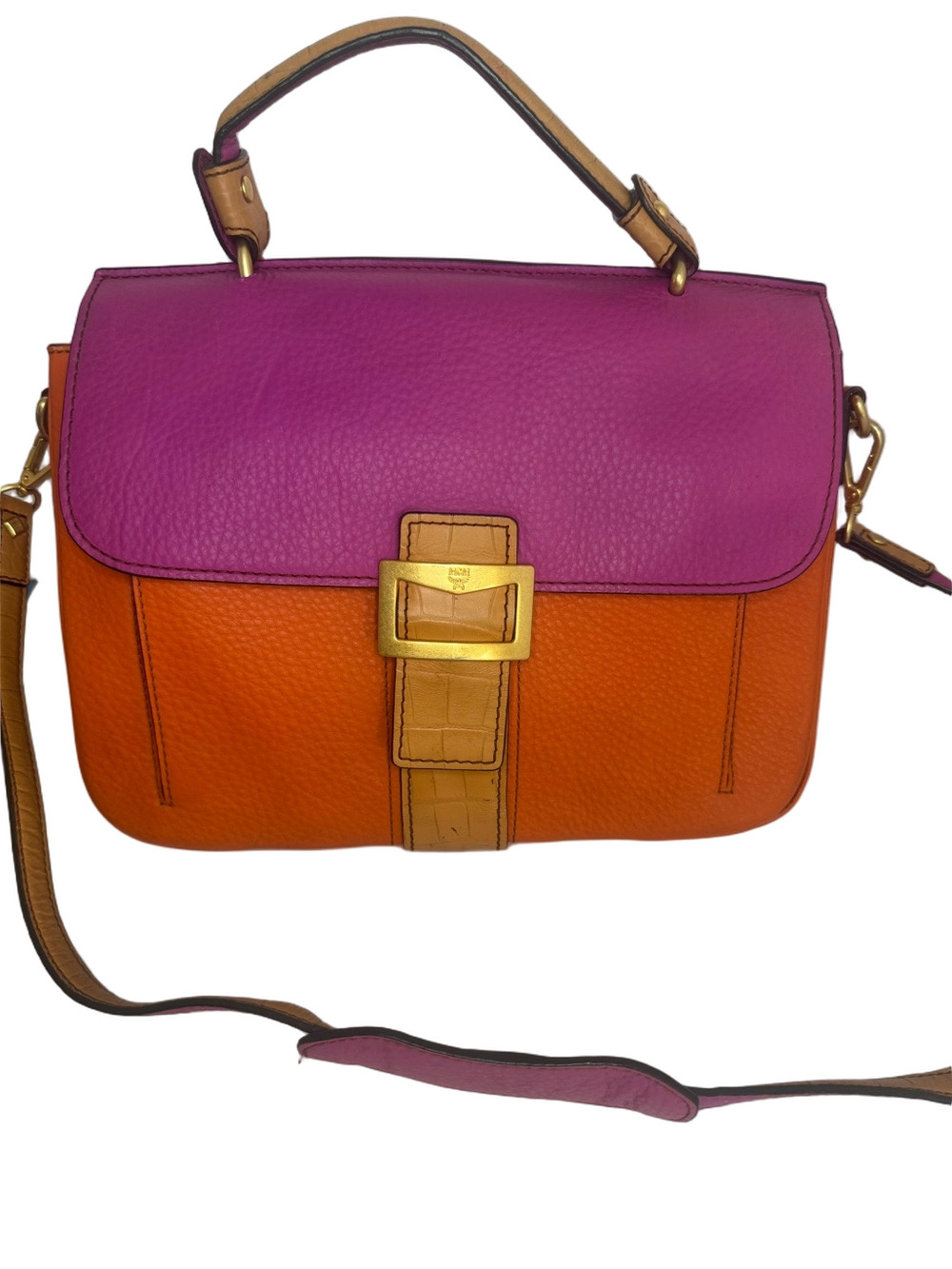 #320 MCM Limited Edition Buckle Flap Top Handle Leather Color block Two Way Bag
